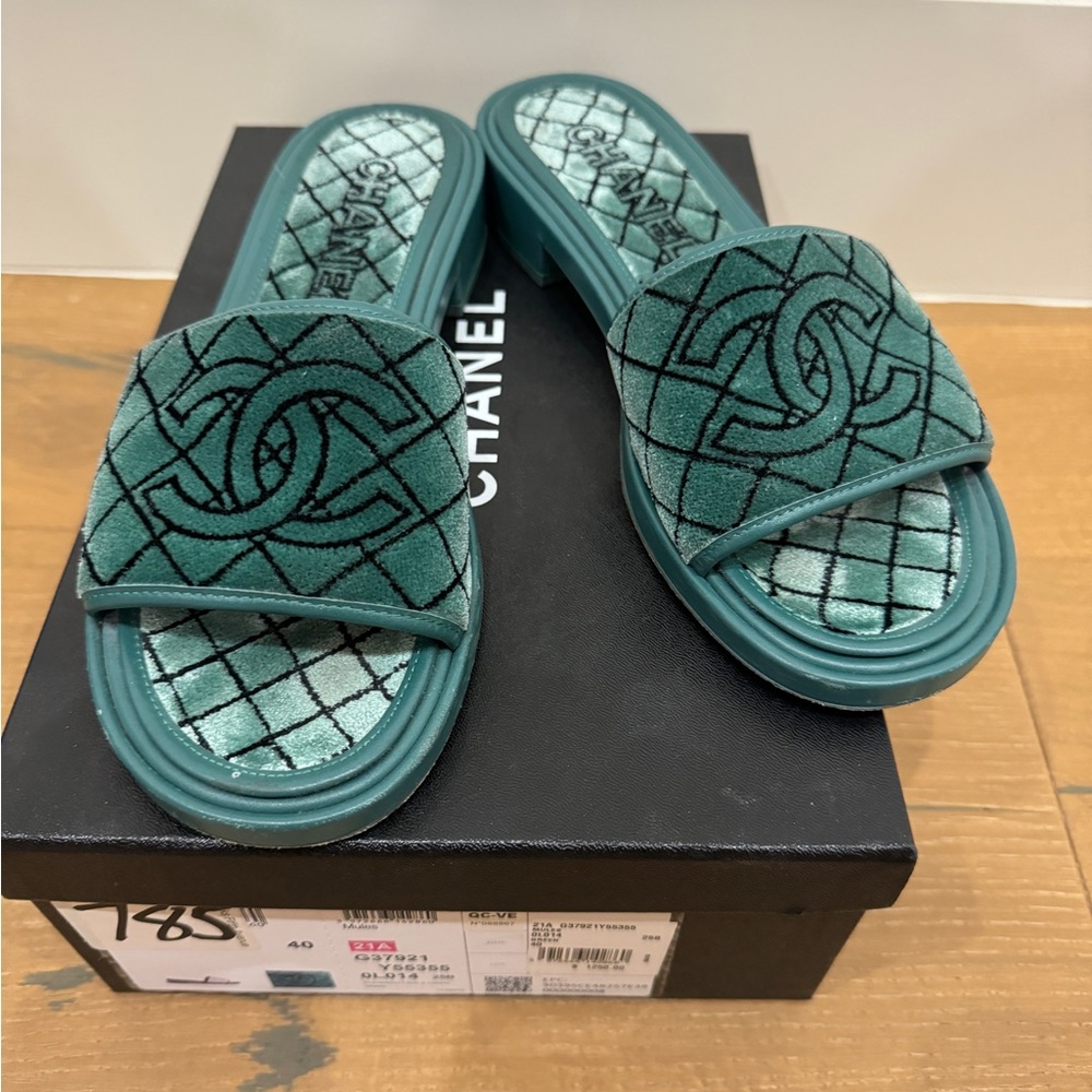 Chanel Embroidered Green Sandals